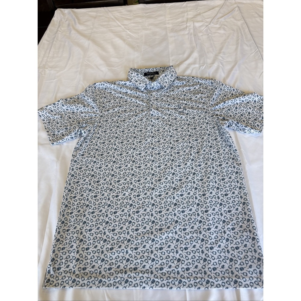 Straight Down Golf Polo Mens S White/Blue Pickleball All-Over Print Swan Logo